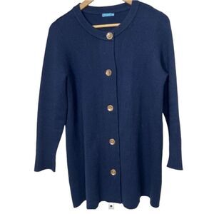 J. McLAUGHLIN Women’s Button Front Ribbed Cotton Blend Long Cardigan Blue Medium